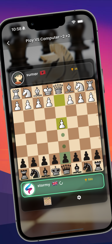 Chess Move - Una partida de ajedrez contra la IA en la interfaz de la aplicación móvil Chess Move.