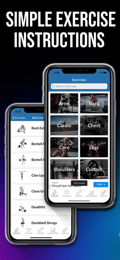 Gym Exercises & Workouts - Interfaz de la aplicación Gym Exercises mostrando categorías de entrenamiento e instrucciones de ejercicios animados.