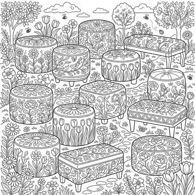 Step into a charming spring garden filled with beautifully patterned ottomans and poufs, waiting for your creative touch. This intricate coloring page invites you to bring a vibrant scene of comfort and renewal to life with your favorite colors.