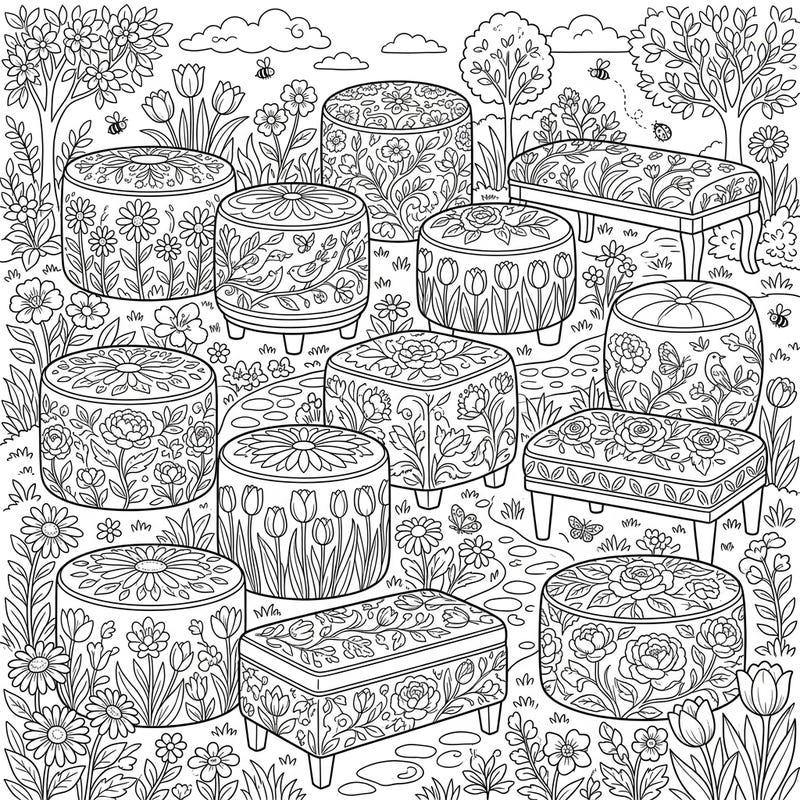 Step into a charming spring garden filled with beautifully patterned ottomans and poufs, waiting for your creative touch. This intricate coloring page invites you to bring a vibrant scene of comfort and renewal to life with your favorite colors.