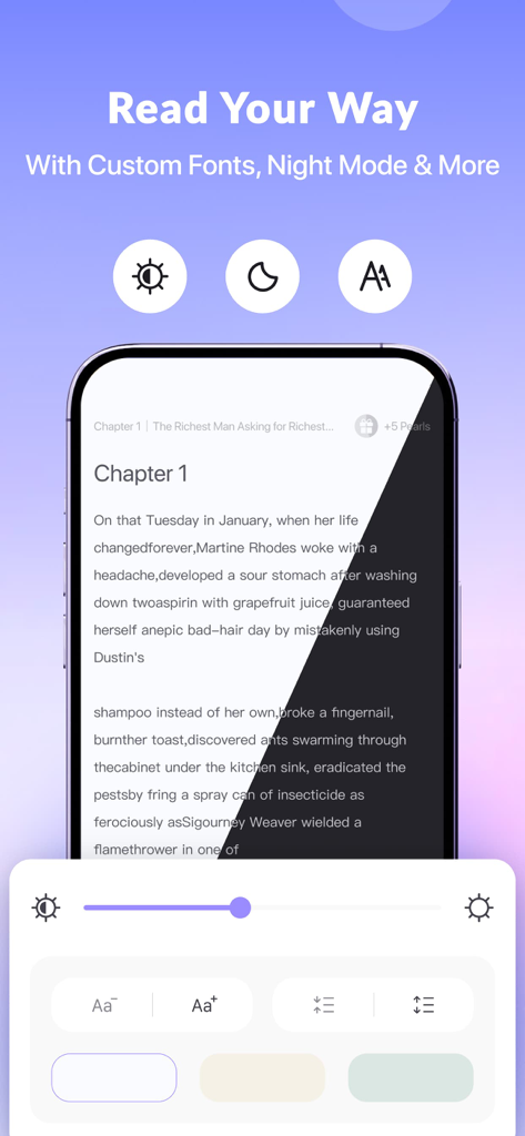 JoyRead app screenshot showing night mode and font size customization for fantasy novels