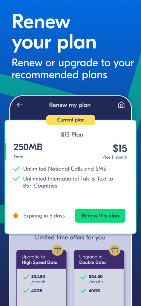 Interface of the Lyca Mobile US app showing the plan renewal screen with upgrade offers for high speed data