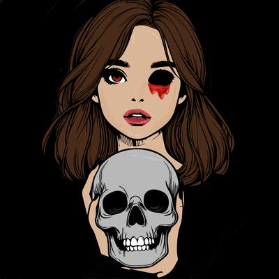realistic girl holding a skull