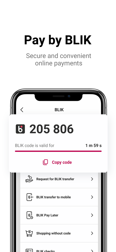 Bank Millennium - Bank Millennium app interface showing a BLIK payment code and mobile transfer options