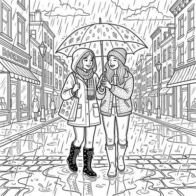 Step into a heartwarming scene with this delightful rainy day coloring page featuring two friends or a loving couple. Capture the joy of shared moments and colorful puddles as you bring this charming street scene to life.