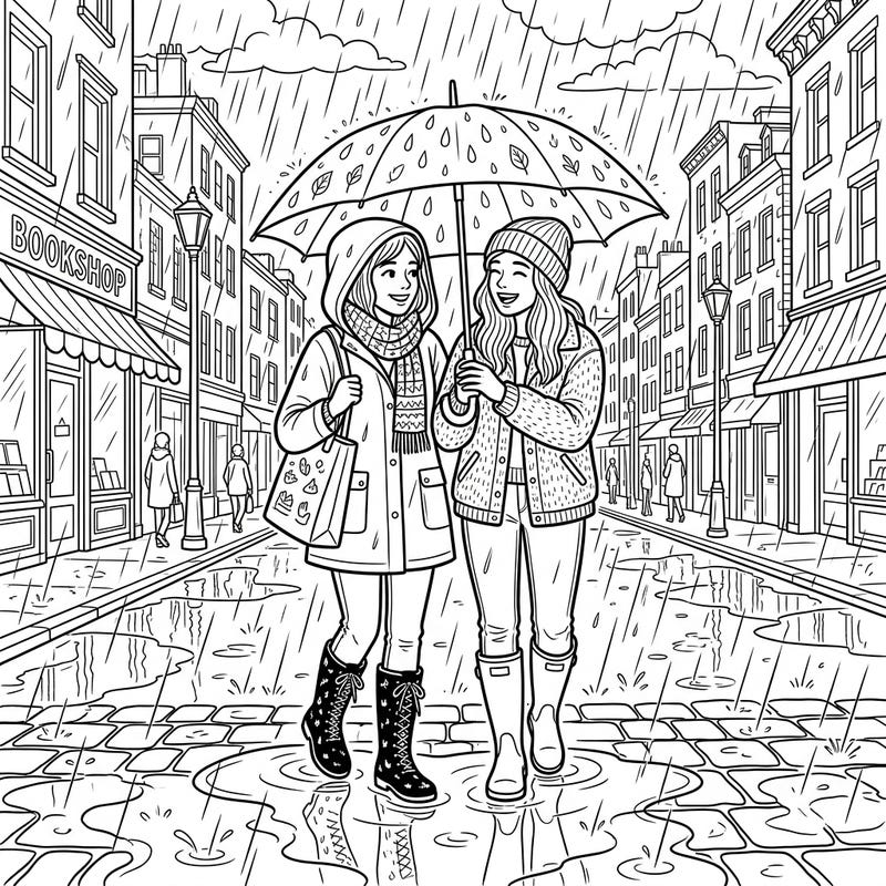 Step into a heartwarming scene with this delightful rainy day coloring page featuring two friends or a loving couple. Capture the joy of shared moments and colorful puddles as you bring this charming street scene to life.