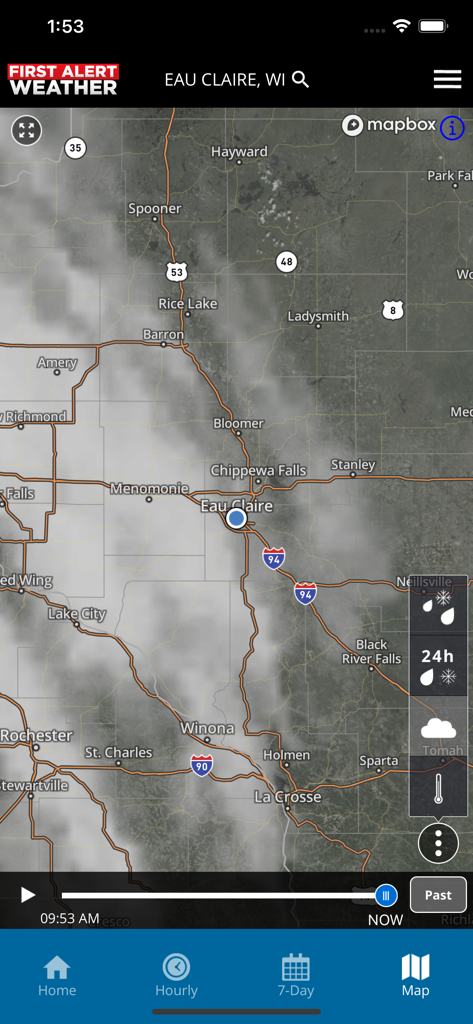 WEAU 13 First Alert Weather app displaying a high-resolution satellite radar map of Eau Claire Wisconsin and surrounding regions