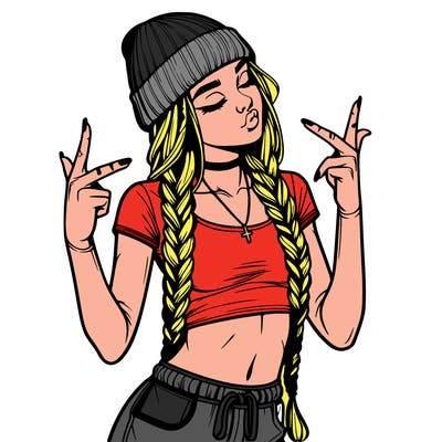 realistic teenage girl with braids and a beanie and crop top doing 🫶🏼