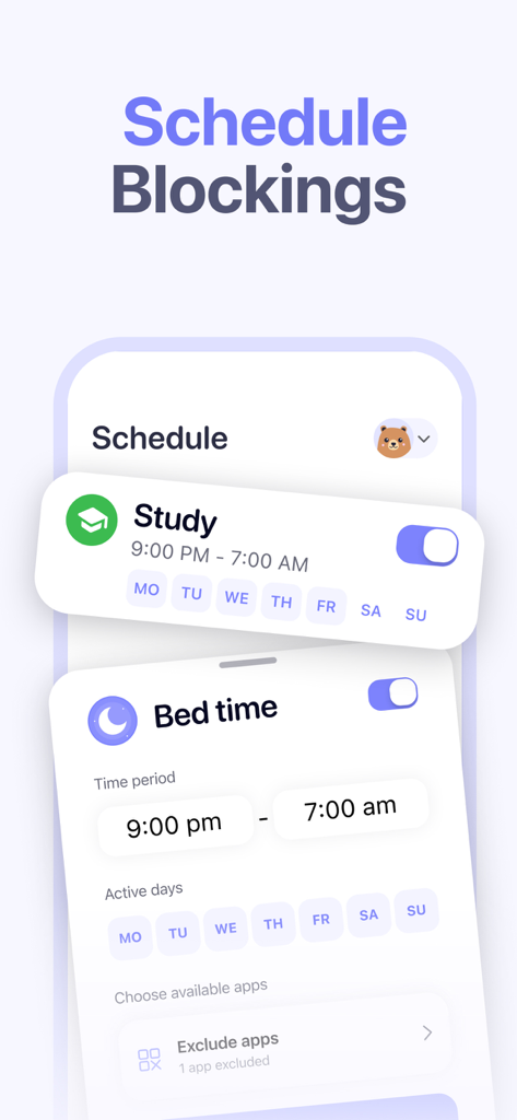 Parental Control App - Kidsee - Interface of the Kidsee app showing the schedule blockings feature for study time and bed time