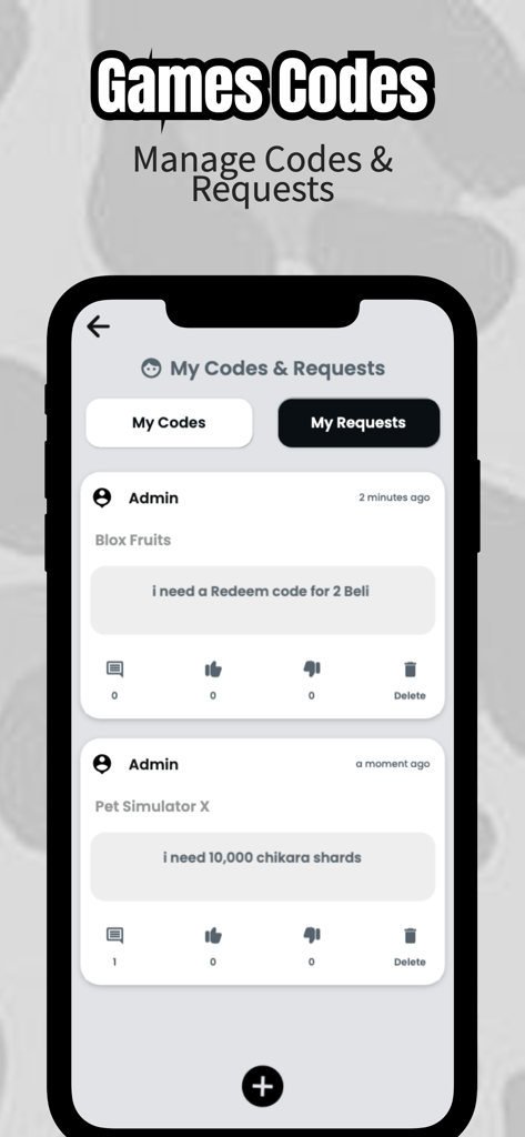 Games Codes For Roblox - Robloxのゲームコードアプリのインターフェース。Blox FruitsやPet Simulator Xのようなゲームコードのユーザーリクエストのリストが表示されています。