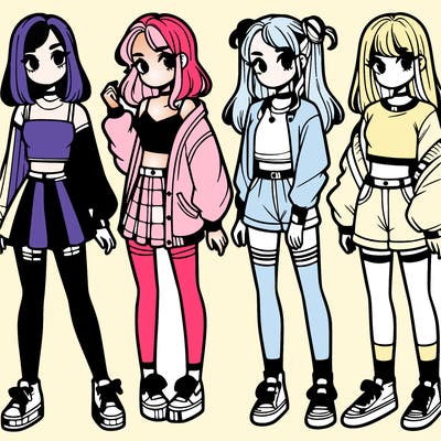 one girl with crop-top shirt and a jacket with a skirt, long socks and another girl with a shirt and pants with a jacket