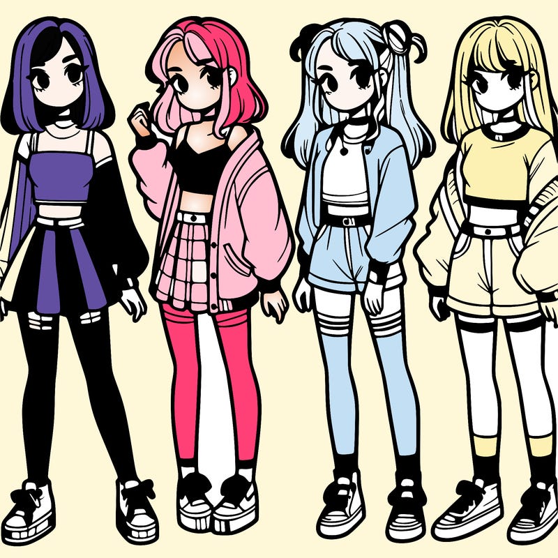one girl with crop-top shirt and a jacket with a skirt, long socks and another girl with a shirt and pants with a jacket