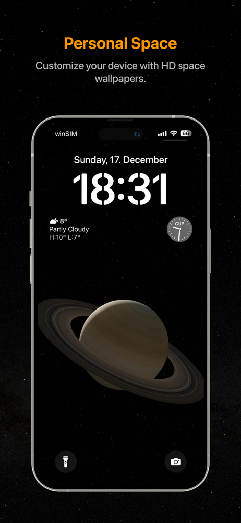 Una pantalla de bloqueo de smartphone que muestra un fondo de pantalla HD de Saturno de la aplicación Space Gate.