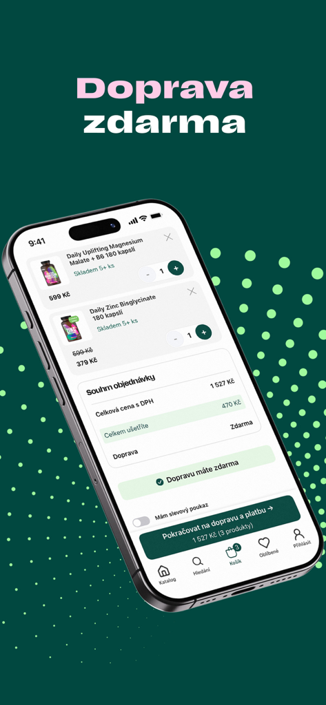 Interface do carrinho de compras do aplicativo móvel Pilulka mostrando suplementos de saúde selecionados e um banner de entrega grátis.