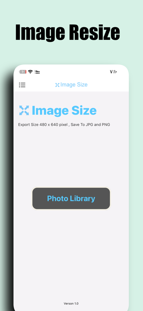 Size Image - Interface of the Size Image app showing the option to resize images to 480x640 pixels with a photo library selection button