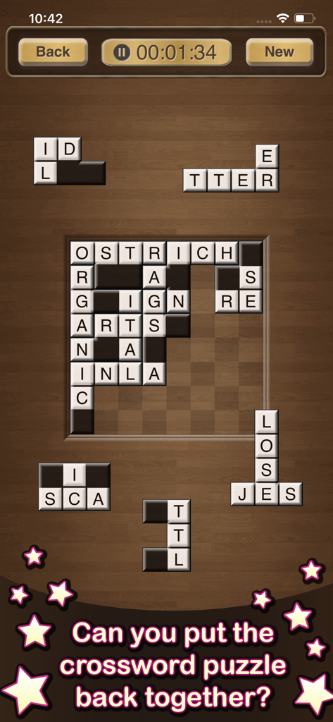 Crossword Jigsaw Puzzles - A mobile gameplay screen showing a crossword puzzle being assembled using jigsaw pieces on a wooden background.