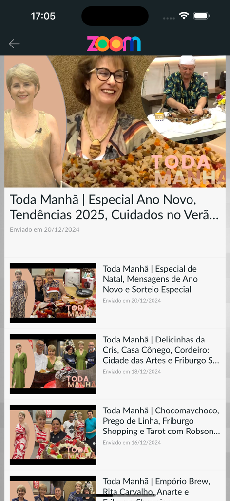 TV Zoom - TV Zoom 앱 인터페이스의 Toda Manha 프로그램 비디오 에피소드 목록