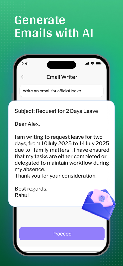 Escritor de correos electrónicos impulsado por IA generando una solicitud de ausencia profesional en un smartphone