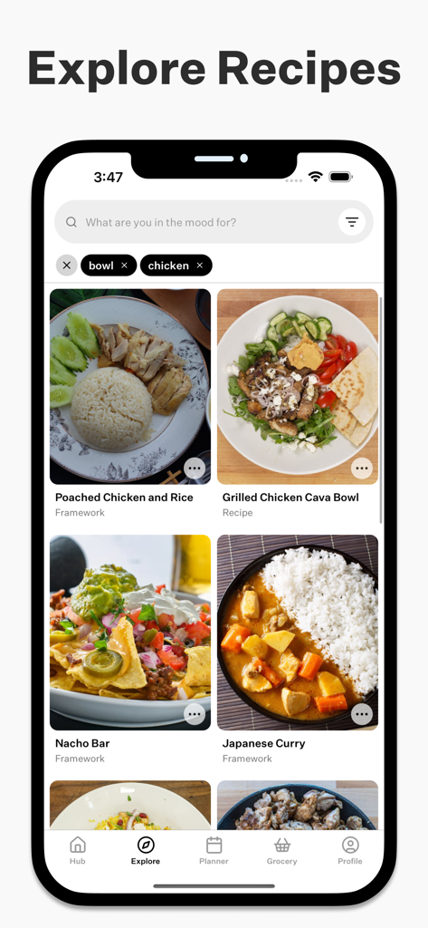 Cook Well - For Home Cooks - Interface of Cook Well app Explore Recipes section showing chicken bowl meal suggestions