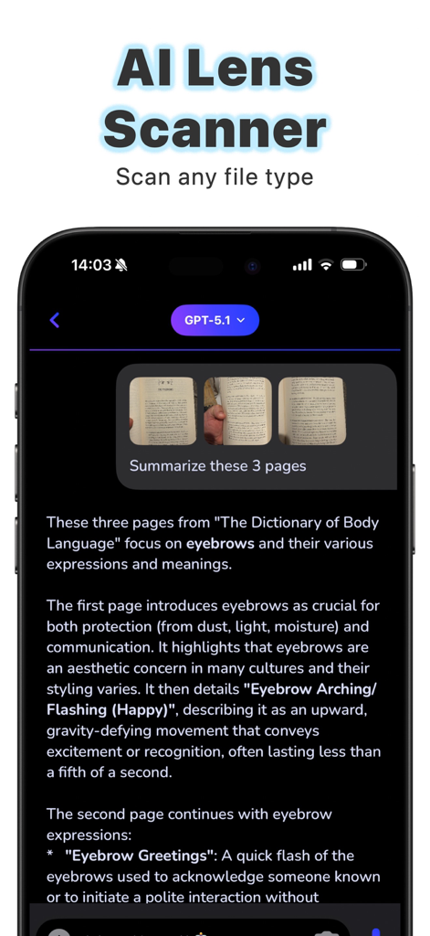 Ask AI Anything - Aido - Interface of the Aido app showing the AI Lens Scanner feature summarizing text from three scanned book pages using GPT technology.