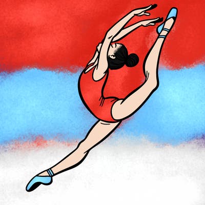 gymnast doing a leap in a leotard with a bent back leg