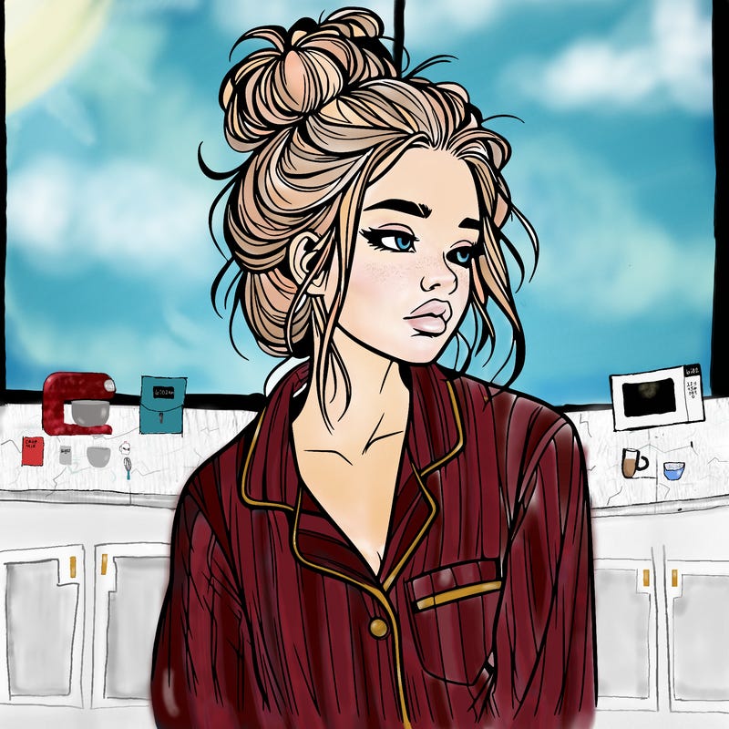 realistic woman with pajamas on and a messy bun