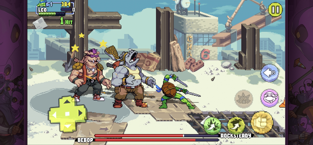 TMNT:Shredder’s Revenge Mobile - TMNT Shredders Revenge 모바일에서 Bebop과 Rocksteady와 싸우는 Leonardo
