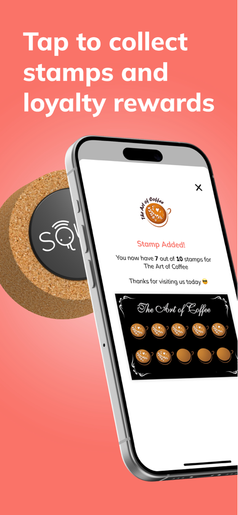 SQUID Rewards - Wave Points - Un smartphone affichant un tampon de fidélité numérique ajouté à l'application SQUID Rewards après avoir touché une balise NFC.