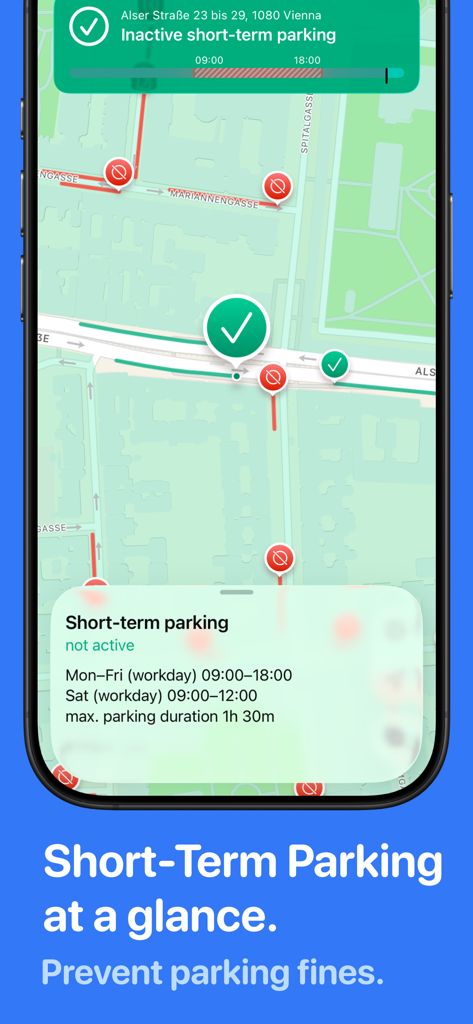 Map view in Parking Zones Vienna app showing short term parking details and active hours.