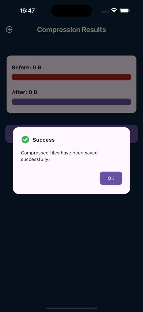 Audio Compressor MP3 - A success message in the Audio Compressor MP3 app confirming that compressed files have been saved successfully.