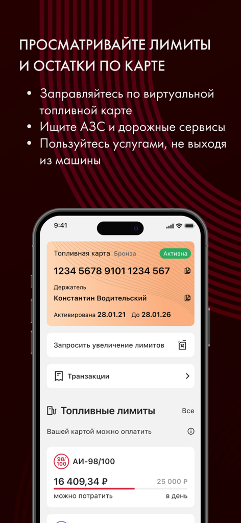 ЛУКОЙЛ для бизнеса - Mobile interface of the LUKOIL for Business app showing an active virtual fuel card with daily fuel limits and transaction history