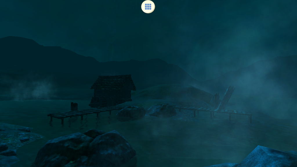 Escena nocturna atmosférica renderizada en 3D con niebla y una cabaña de madera cerca del agua