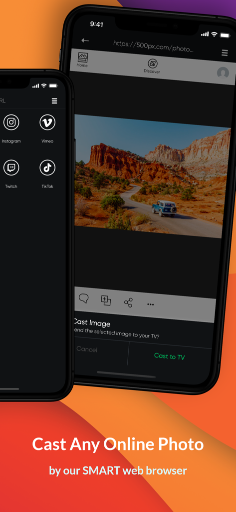 All Screen Mirror Miracast TV - Two smartphones demonstrating how to cast online photos to a TV using a smart web browser.