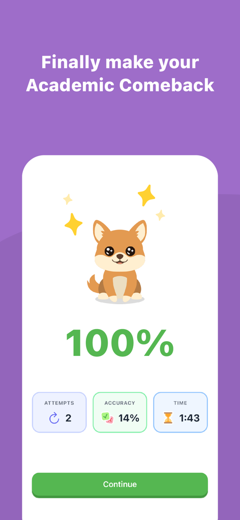 StudyPet app screenshot showing a cute dog pet and study completion statistics