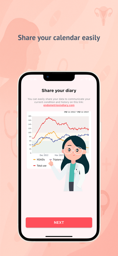 Endometriosis Diary App - A smartphone screen from the Endometriosis Diary App showing a medication usage graph and a feature to share health data.