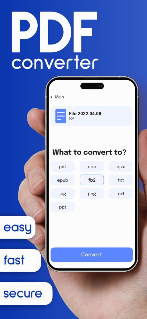 Mobile screen of PDF Converter app showing options to convert files into various formats.