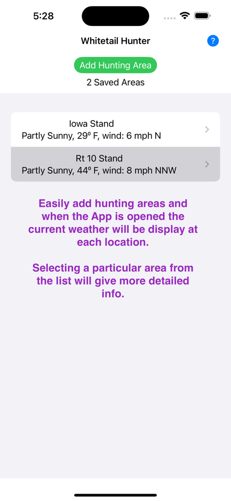 Whitetail Hunter U.S. - Whitetail Hunter app interface displaying saved hunting locations with local weather and wind speed