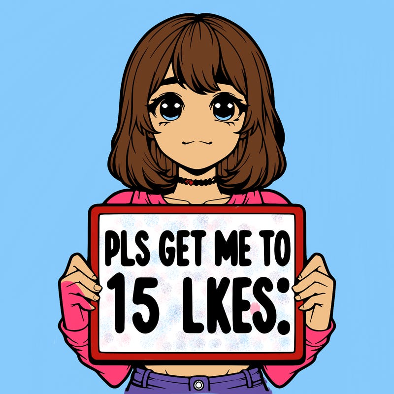 realistic girl holding up a sign that says “pls get me to 15 likes!”