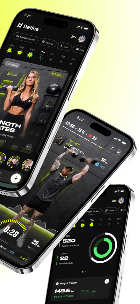 The Ladder app interface showcasing workout plans, live exercise tracking, and fitness progress dashboard.