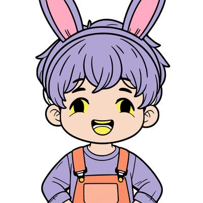 boy with bunny ears and overalls while grinning
