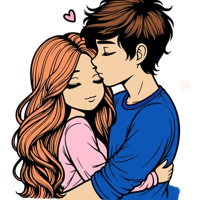 a realistic couple boy and girl hugging and kissing