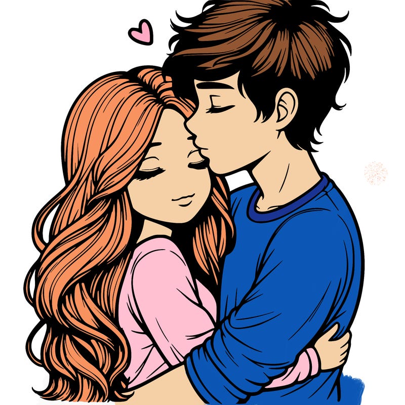 a realistic couple boy and girl hugging and kissing