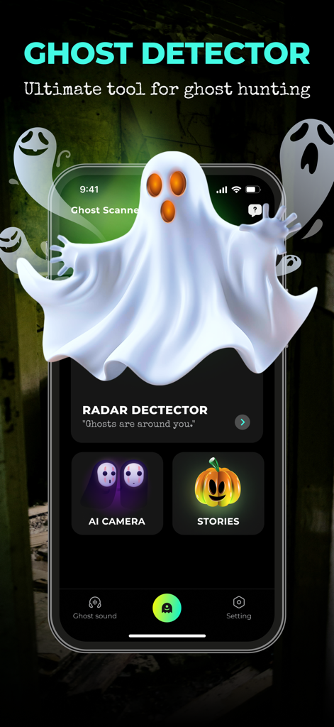 Ghost Detector - Spirit Talker - Home screen of the Ghost Detector Spirit Talker app featuring ghost hunting tools like radar and AI camera.