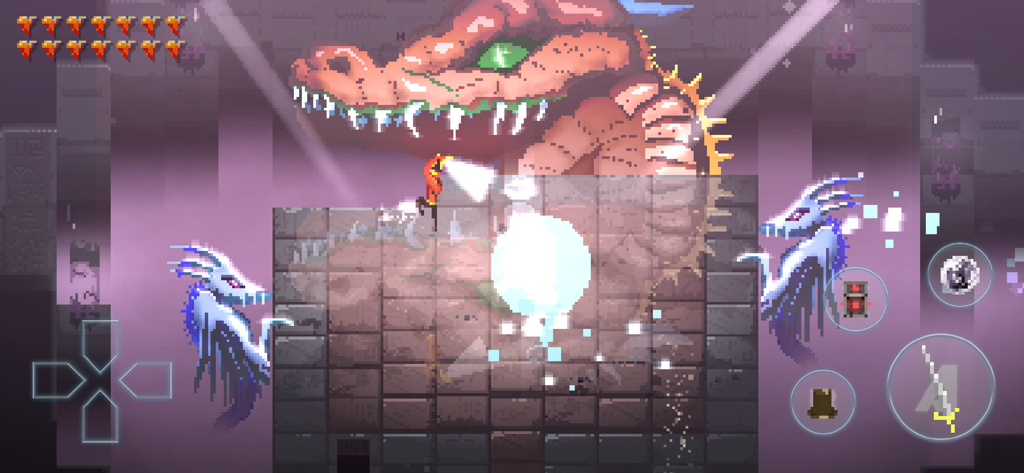 Songbringer mobile gameplay featuring a pixel art boss fight against a giant red dragon in a dungeon
