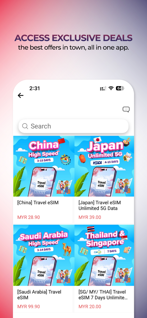 Screenshot of XOX 5G app showing international travel eSIM deals for China Japan Saudi Arabia and Southeast Asia