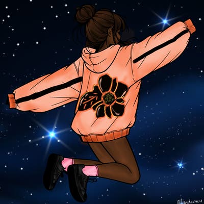 realistic girl jumping with a bun and oversized sweatshirt