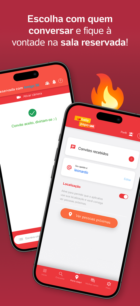 Duas telas de celular exibindo a interface do aplicativo UOL Bate-Papo para salas de chat privadas e para encontrar usuários próximos.