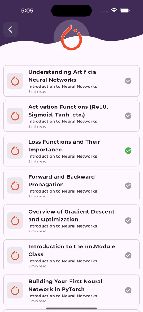 Learn Pytorch - Interfaz de la aplicación Learn PyTorch que muestra una lista de lecciones sobre redes neuronales y el progreso del tutorial.