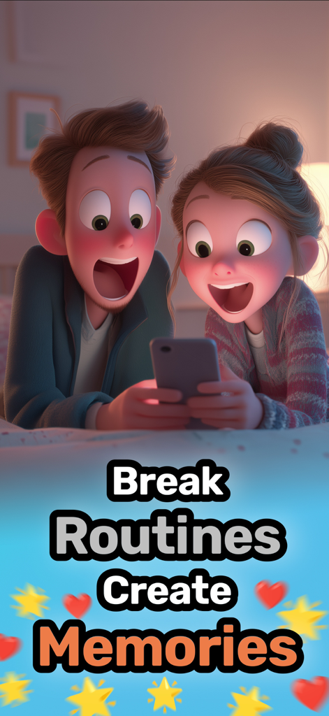 9 Games for Couples or Dates - Pareja animada usando con entusiasmo un smartphone con el texto Rompe Rutinas Crea Recuerdos