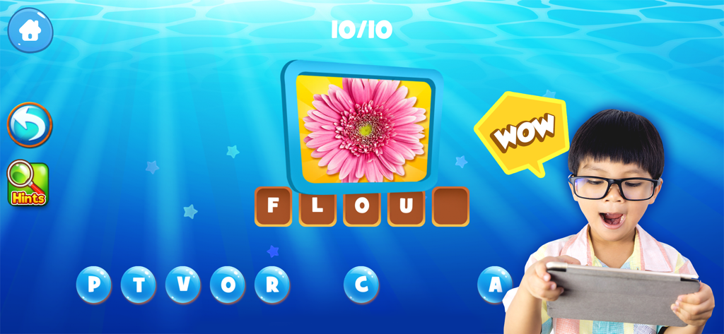 A young boy playing a spelling puzzle game on a tablet with a flower image